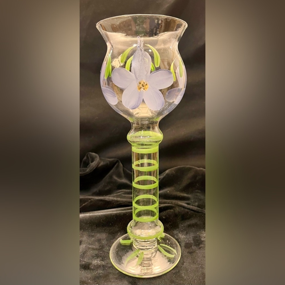 Lillian Vernon Vintage Hand Painted Floral Art Glass Hurricane Votive Holder 11"